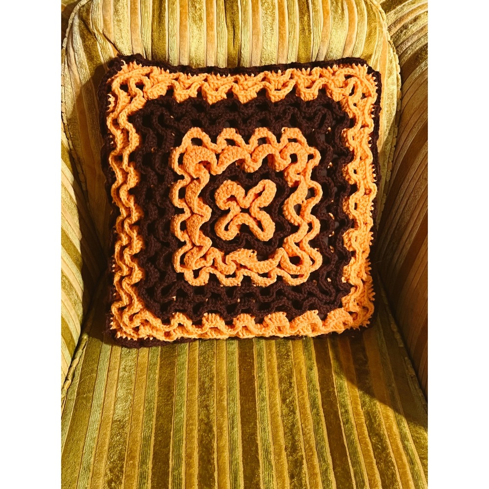 Vintage 70s Hand Crocheted Wiggly Ripple Stitch Pillow Orange Brown